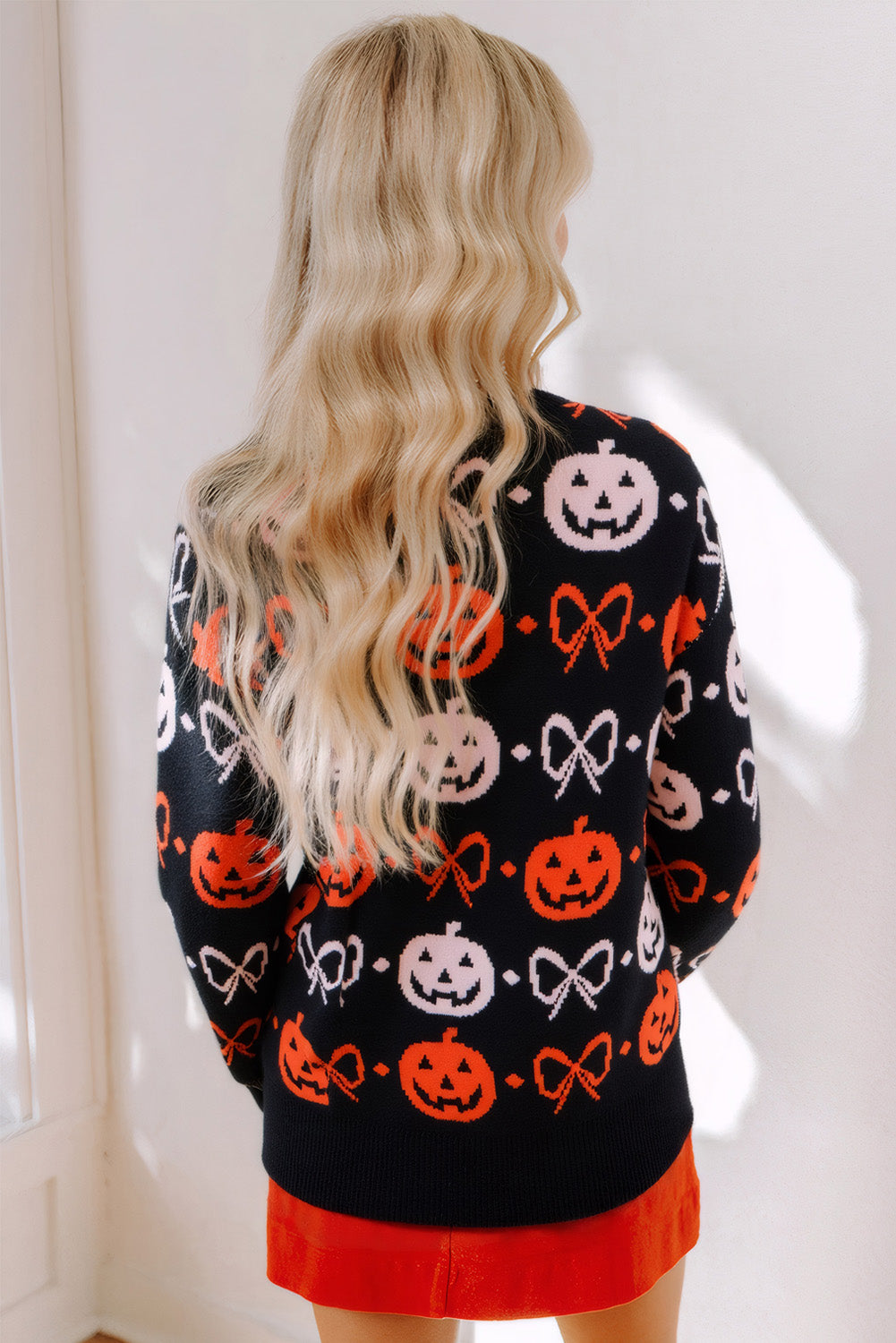 Black Halloween Pumpkin Bow Knit Button V Neck Sweater Cardigan-Sweaters & Cardigans/Cardigans-[Adult]-[Female]-2022 Online Blue Zone Planet