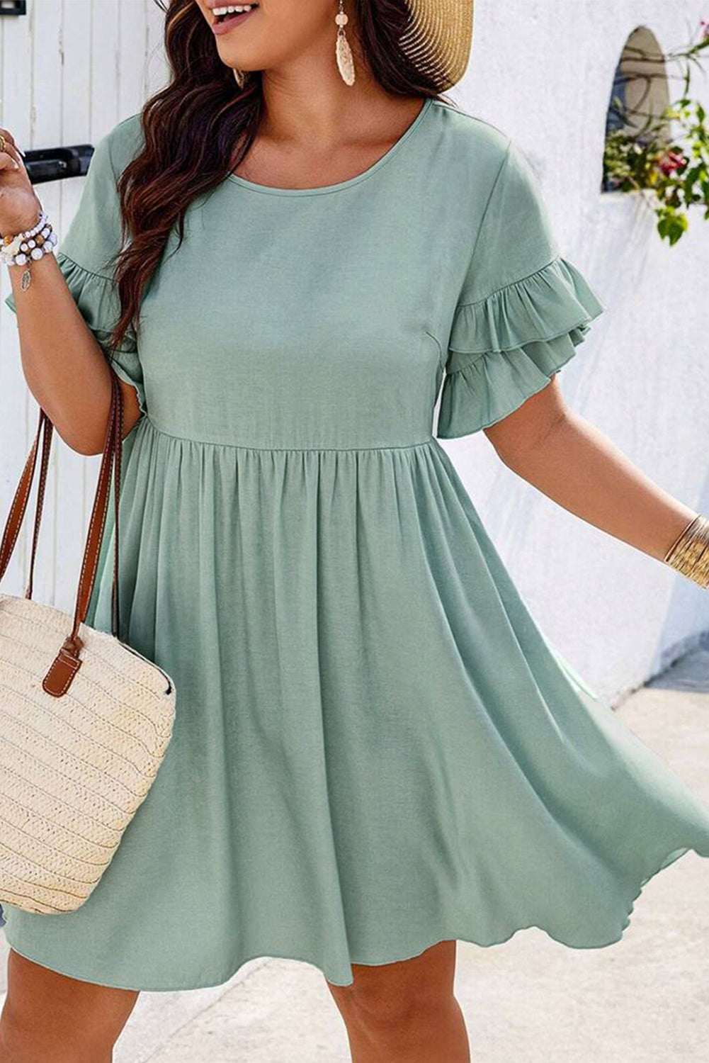 Grass Green Plain Ruffle Hem Plus Size Flared Mini Dress