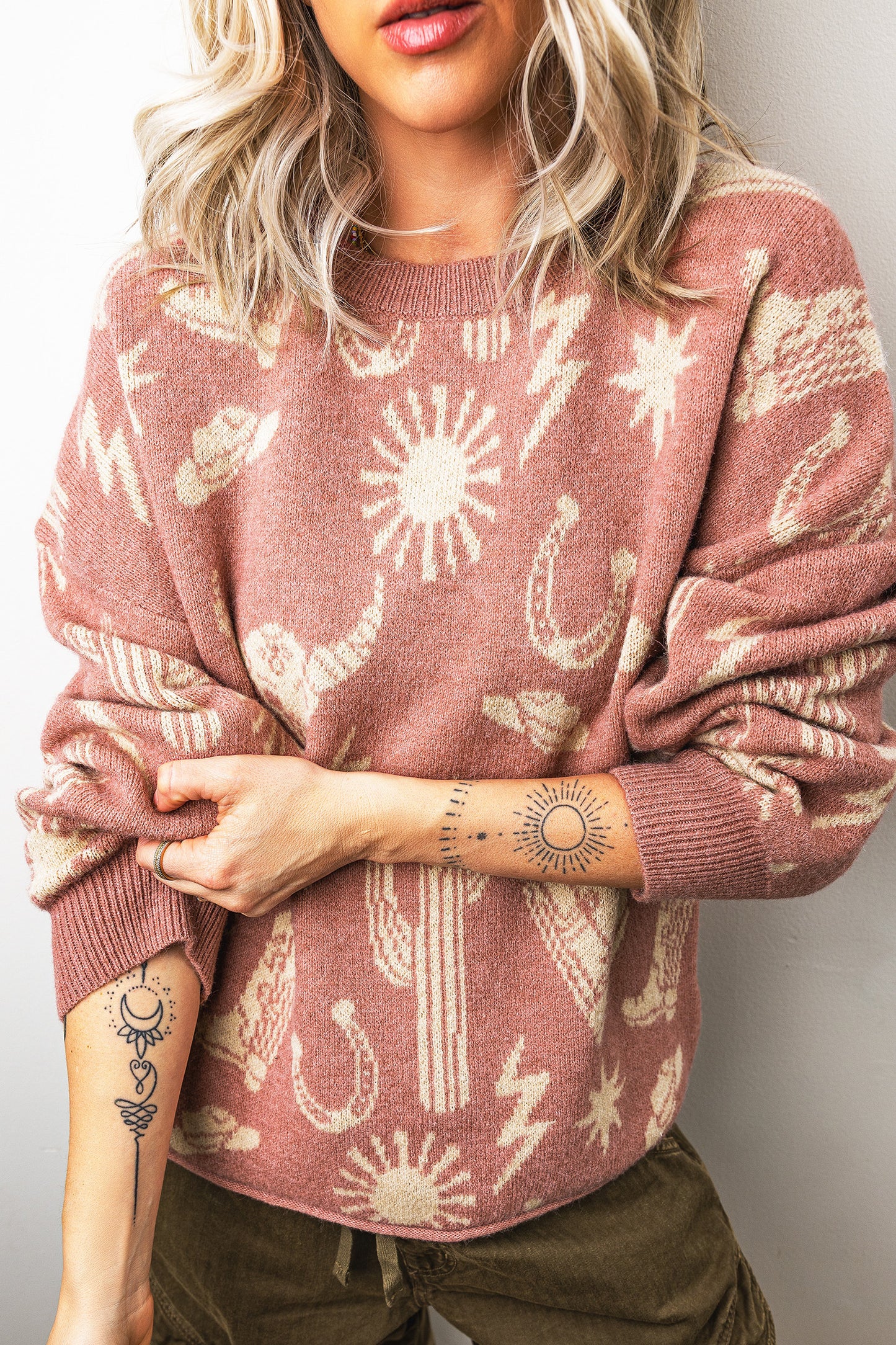 Peach Blossom Western Print Drop Shoulder Round Neck Long Sleeve Sweater-TOPS / DRESSES-[Adult]-[Female]-2022 Online Blue Zone Planet