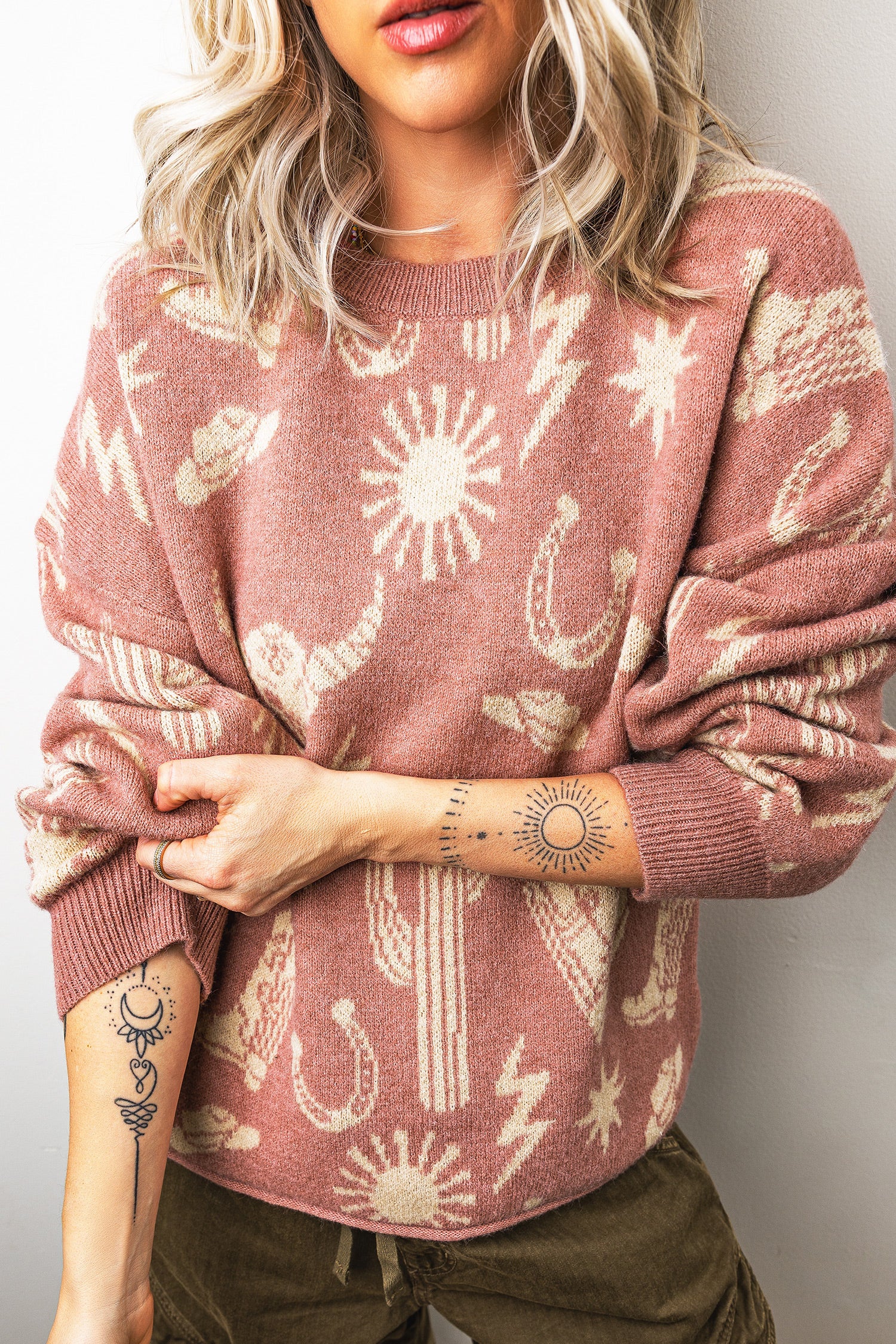Peach Blossom Western Print Drop Shoulder Round Neck Long Sleeve Sweater-TOPS / DRESSES-[Adult]-[Female]-2022 Online Blue Zone Planet