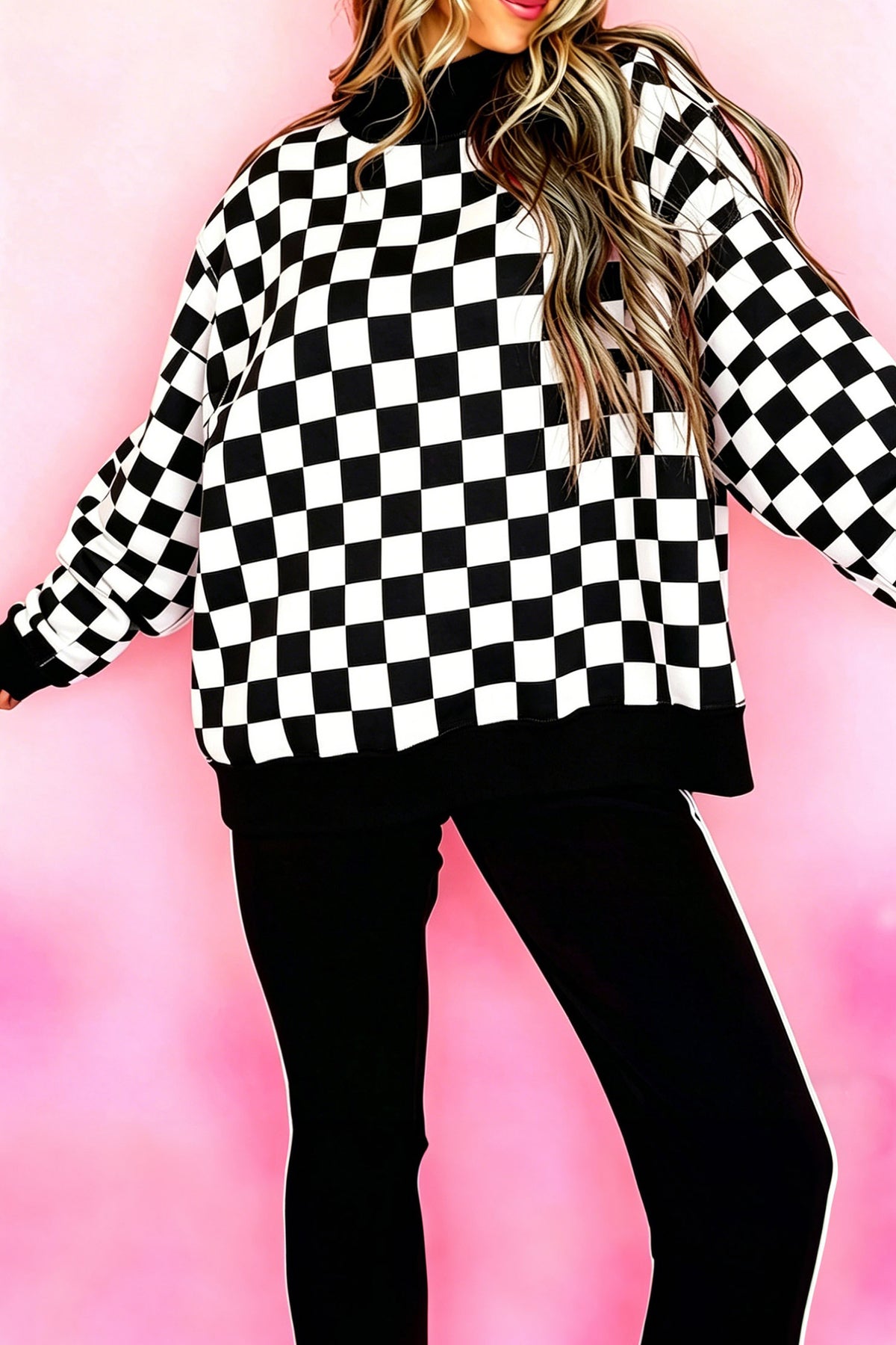 Red Checkered Print High Neck Baggy Sweatshirt