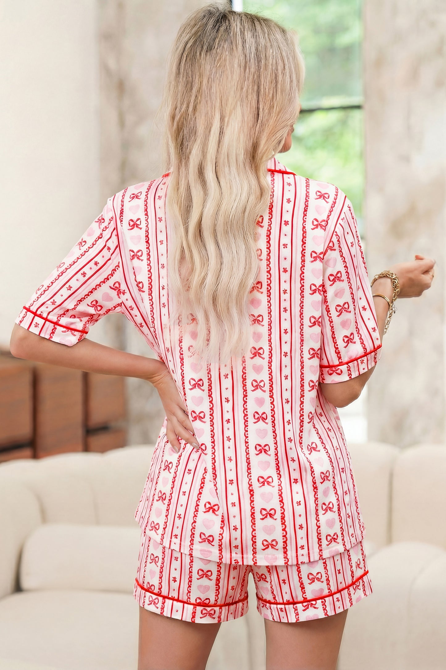 Red Cute Bow Heart Print Ribbon Decor Short 2pcs Pajama Set-Loungewear & Sleepwear/Sleepwear-[Adult]-[Female]-2022 Online Blue Zone Planet