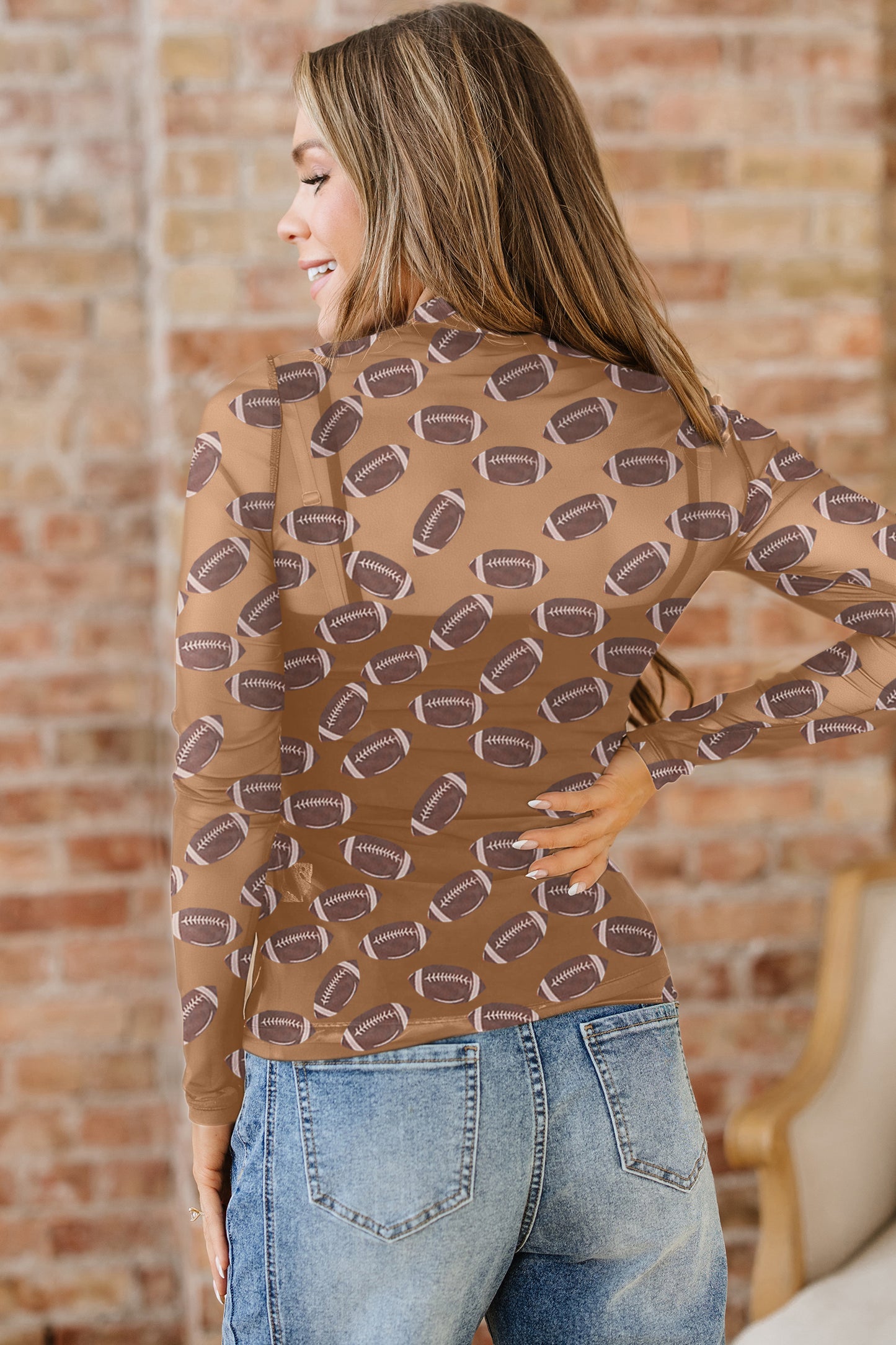 Brown Game Day Rugby Mesh Sheer Long Sleeve Top-Tops/Long Sleeve Tops-[Adult]-[Female]-2022 Online Blue Zone Planet
