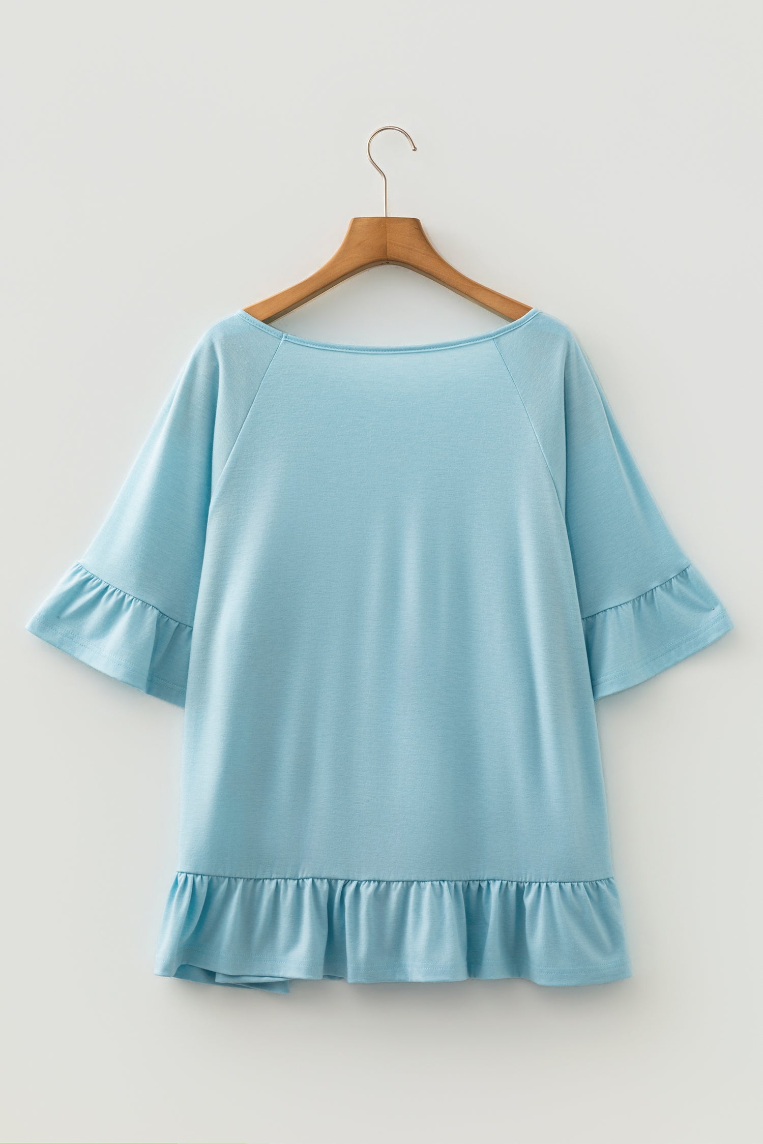 Light Blue Ruffled Short Sleeve Plus Size Casual Blouse-Plus Size/Plus Size Tops/Plus Size Blouses & Shirts-[Adult]-[Female]-2022 Online Blue Zone Planet