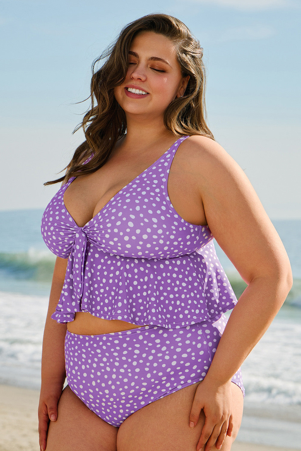 Purple Plus Size Polka Dot Print Ruffled Knotted V Neck Tankini Set-Plus Size/Plus Size Swimwear-[Adult]-[Female]-2022 Online Blue Zone Planet