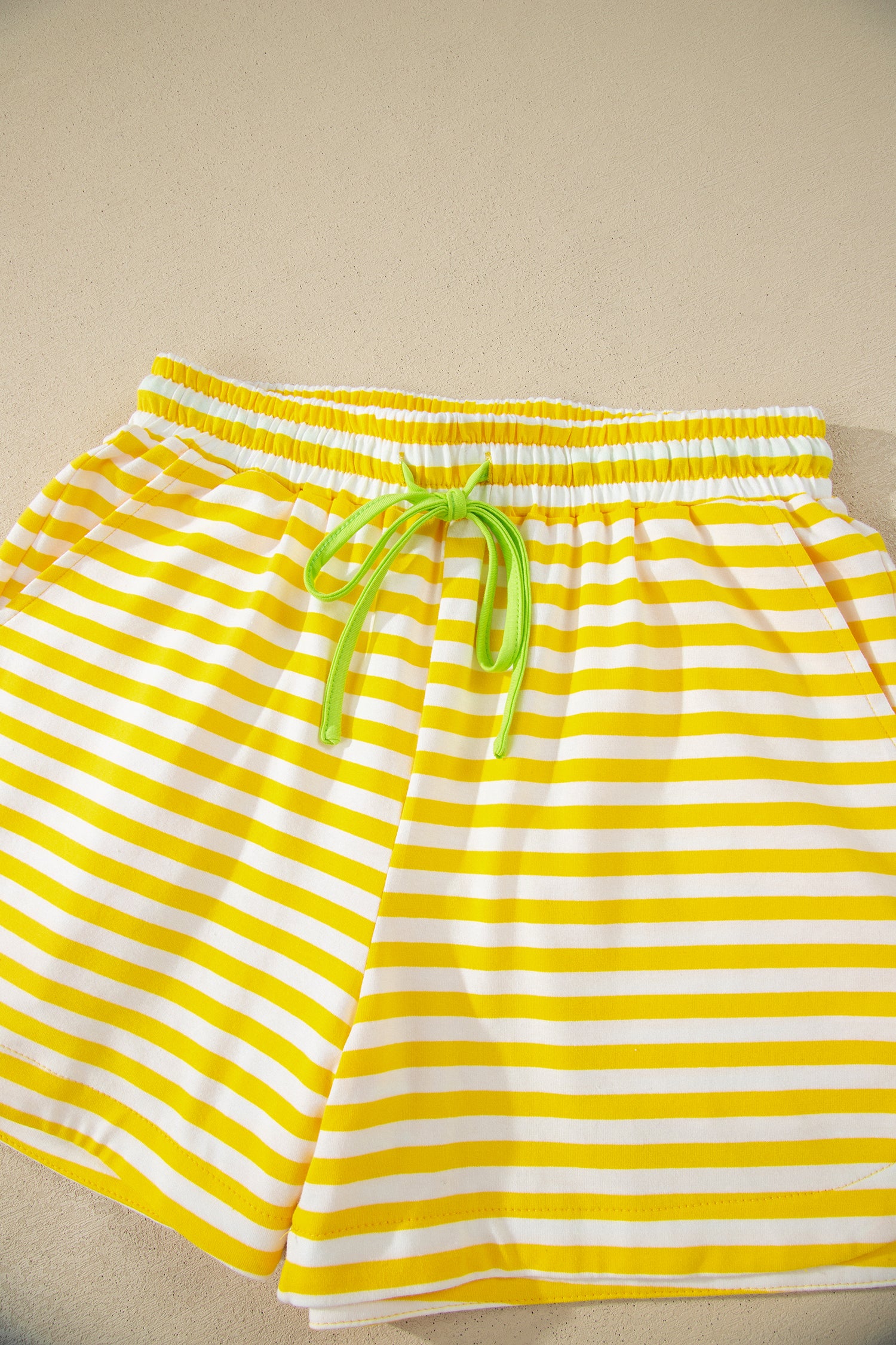 Yellow Stripe Contrast Neck Loose Tee and Drawstring Shorts Set-Two Piece Sets/Short Sets-[Adult]-[Female]-2022 Online Blue Zone Planet