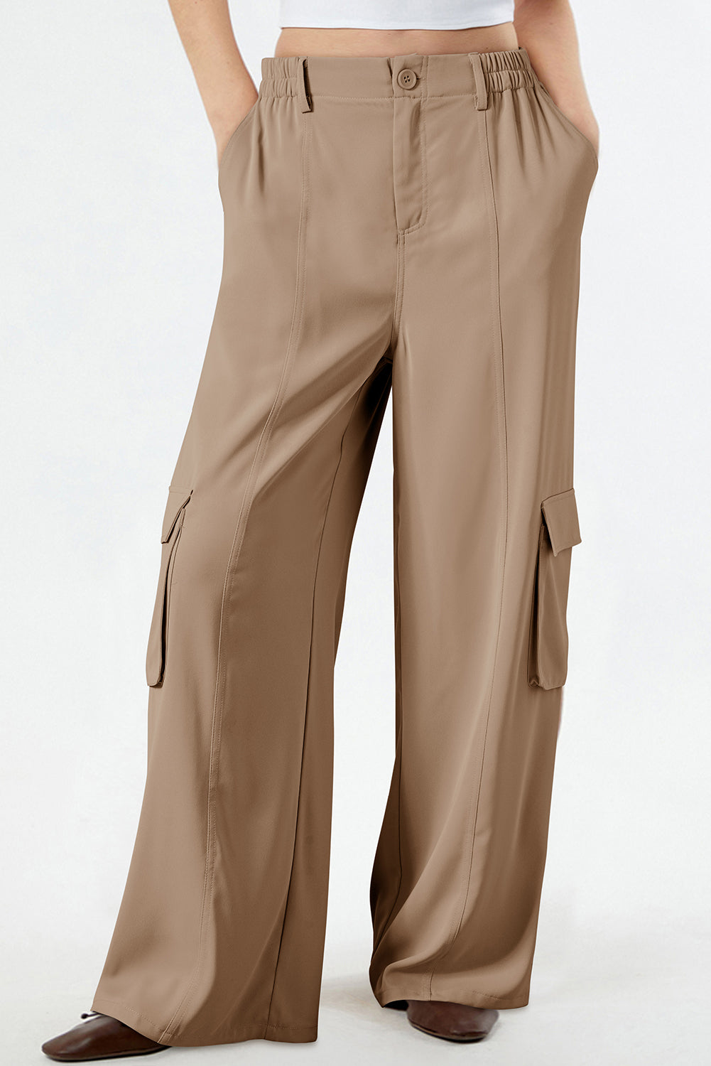 Camel Solid Color Elastic High Waist Loose Cargo Pants-Bottoms/Pants & Culotte-[Adult]-[Female]-2022 Online Blue Zone Planet