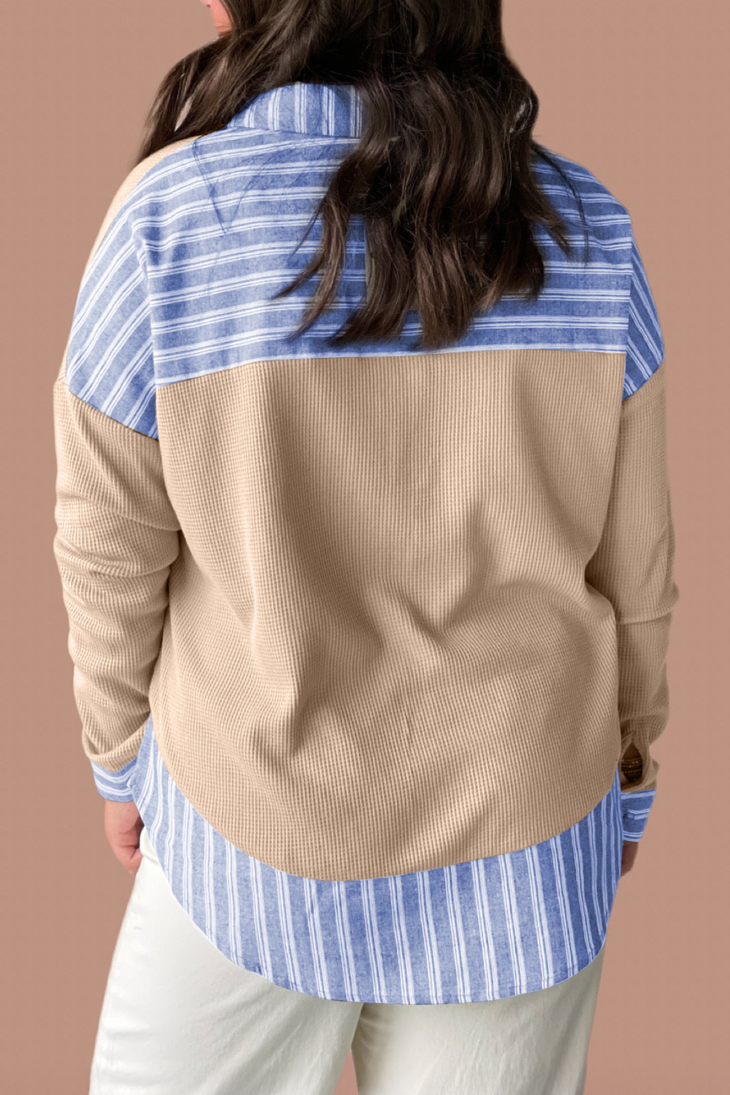 Parchment Plus Size Striped Contrast Trim Waffle Knit Collared Top-Plus Size/Plus Size Tops/Plus Size Long Sleeve Tops-[Adult]-[Female]-2022 Online Blue Zone Planet