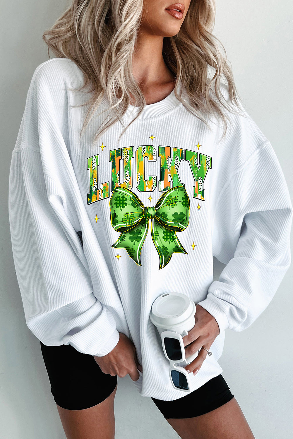 White LUCKY Clover Bow Printed St Patricks Corded Sweatshirt-Graphic Sweatshirts-[Adult]-[Female]-2022 Online Blue Zone Planet