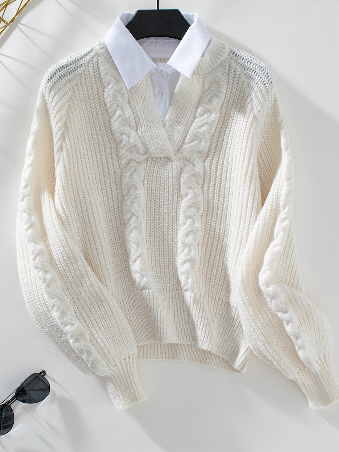 Cable-Knit Collared Neck Faux Layered Sweater-TOPS / DRESSES-[Adult]-[Female]-Cream-S-2022 Online Blue Zone Planet