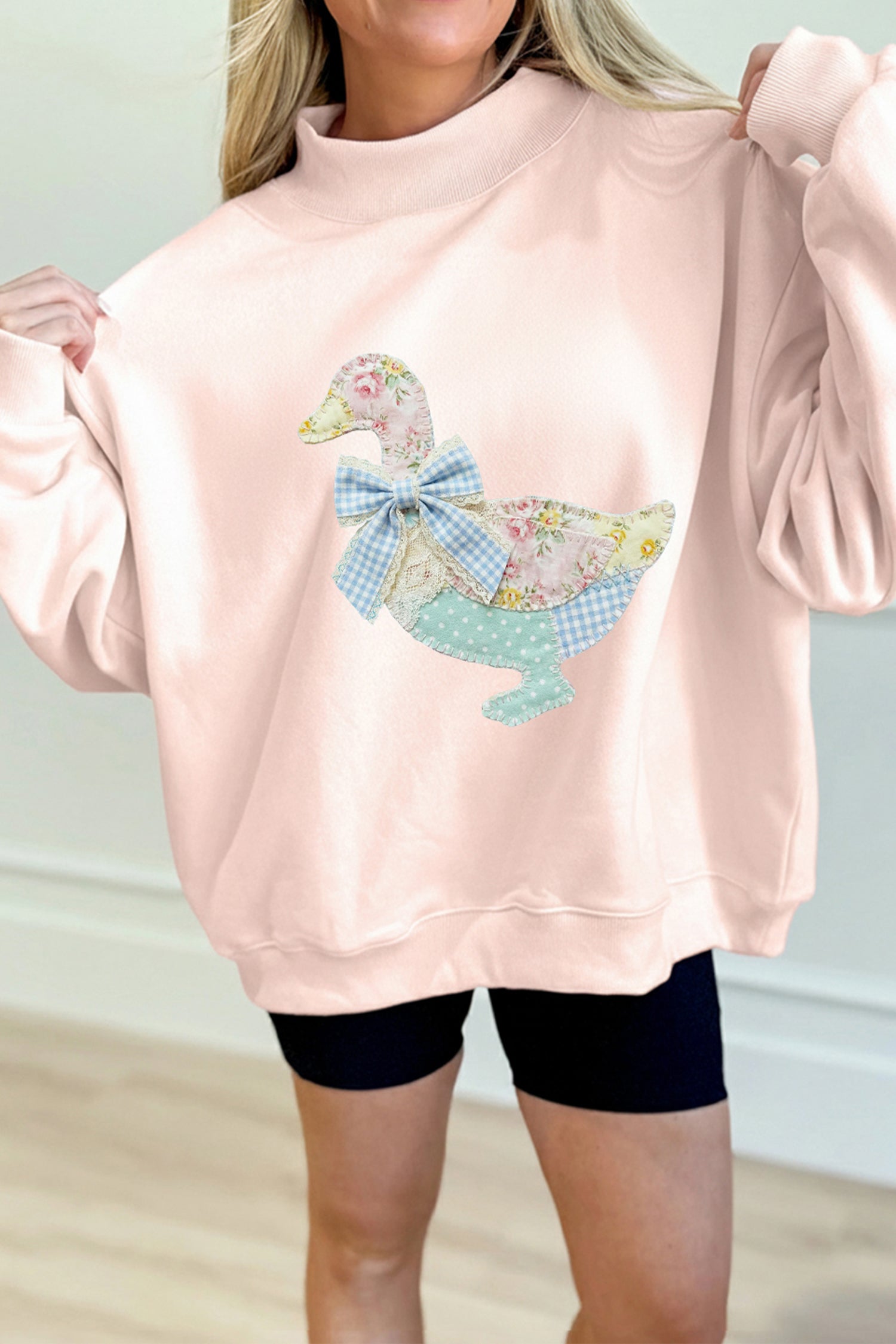 Apricot Pink Bow Knot Duck Faux Patchwork Printed Mock Neck Sweatshirt-Graphic/Graphic Sweatshirts-[Adult]-[Female]-Apricot Pink-S-2022 Online Blue Zone Planet