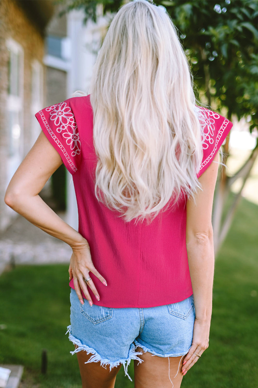 Sachet Pink Floral Embroidered Flutter Sleeve Pleated Neck Blouse-Tops/Blouses & Shirts-[Adult]-[Female]-2022 Online Blue Zone Planet