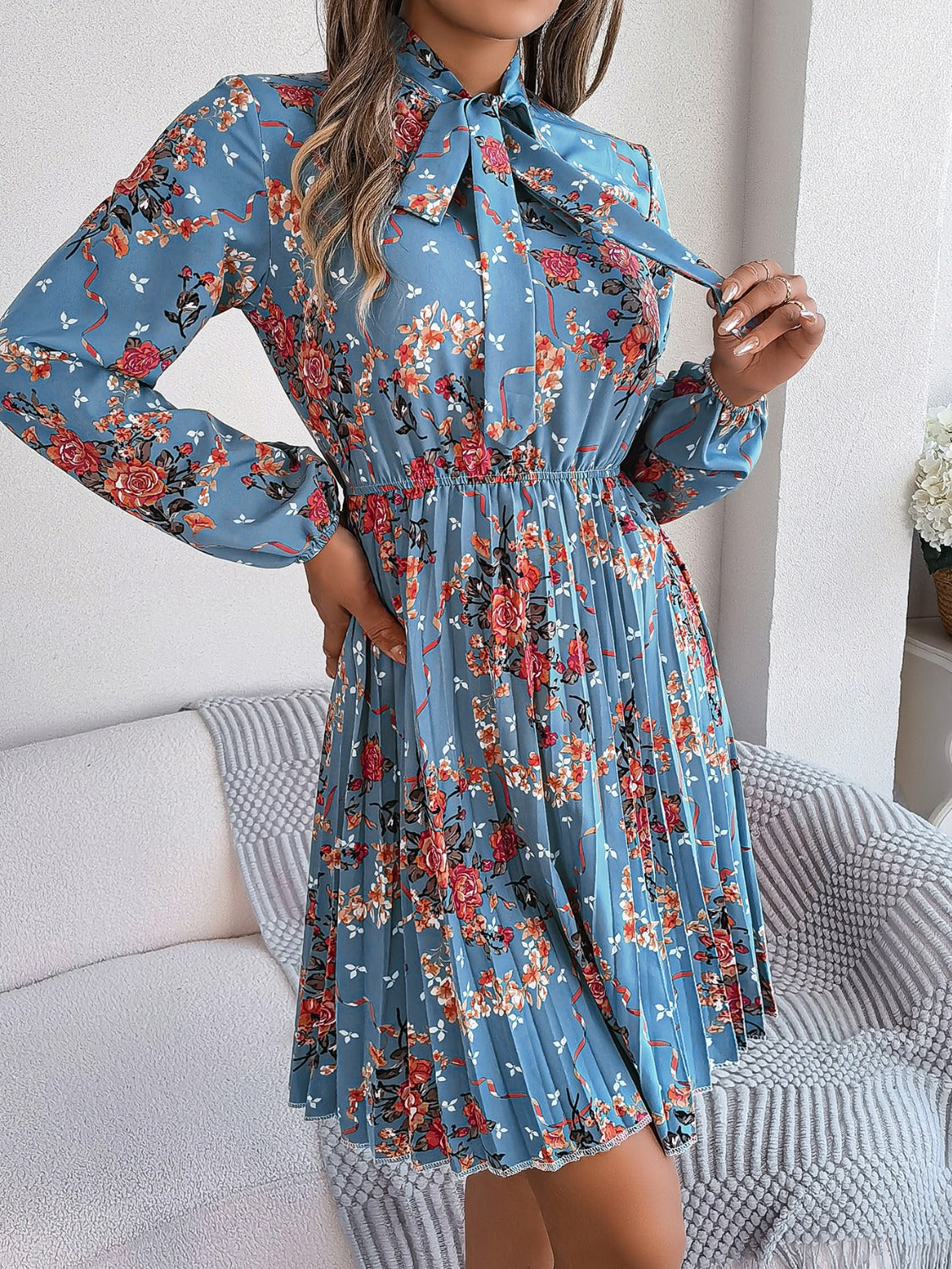 Pleated Printed Tie Neck Long Sleeve Dress-TOPS / DRESSES-[Adult]-[Female]-2022 Online Blue Zone Planet