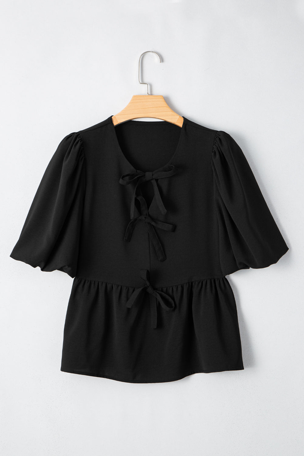 Black Puff Sleeve Bowknot Front Peplum Blouse-Tops/Blouses & Shirts-[Adult]-[Female]-2022 Online Blue Zone Planet