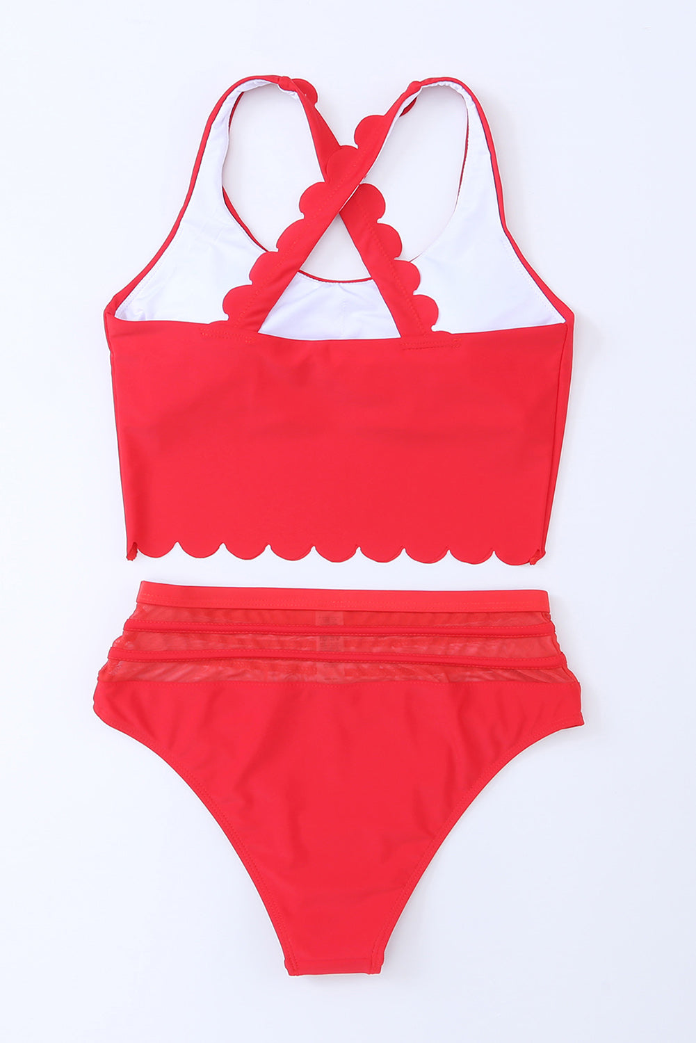 Fiery Red Scalloped Criss Cross High Waist Bikini-TOPS / DRESSES-[Adult]-[Female]-2022 Online Blue Zone Planet