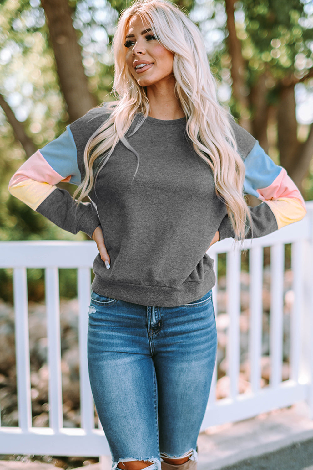 Gray Colorblock Long Sleeve Pullover Sweatshirt-Tops/Sweatshirts & Hoodies-[Adult]-[Female]-2022 Online Blue Zone Planet