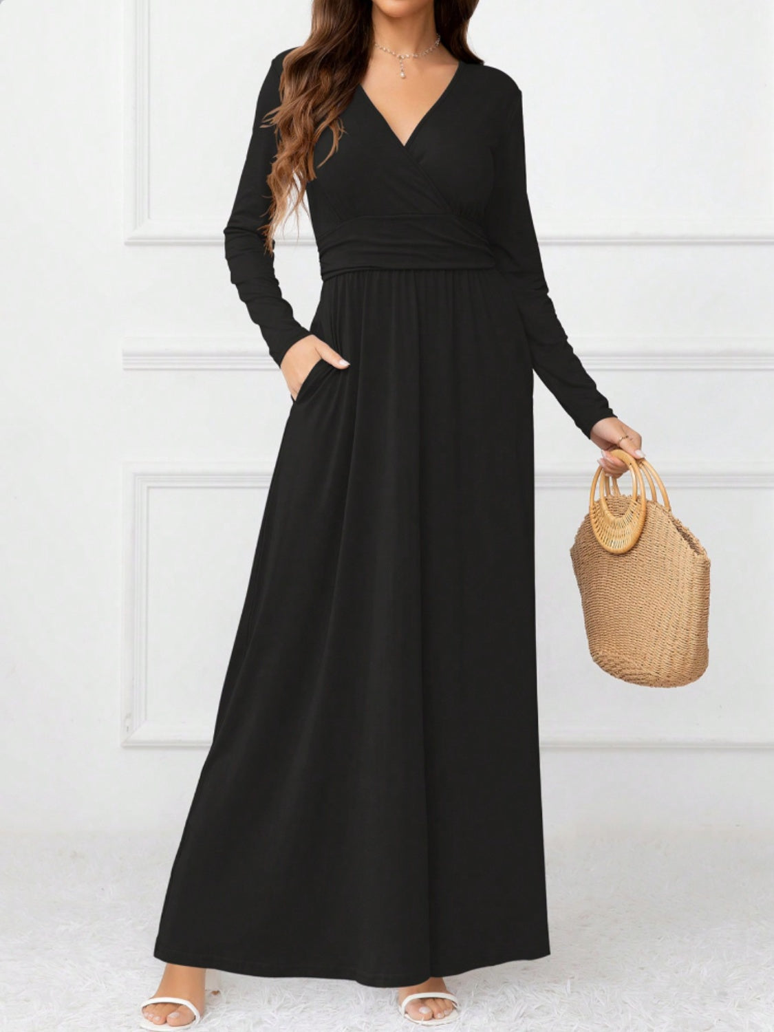 Pocketed Surplice Long Sleeve Maxi Dress-TOPS / DRESSES-[Adult]-[Female]-2022 Online Blue Zone Planet