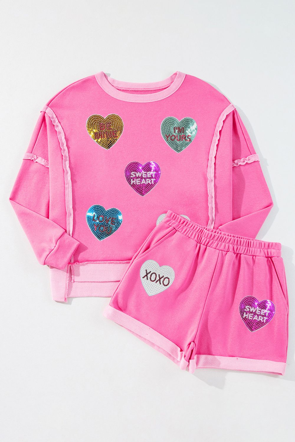 Sequin Heart Round Neck Top and Shorts Set-TOPS / DRESSES-[Adult]-[Female]-2022 Online Blue Zone Planet