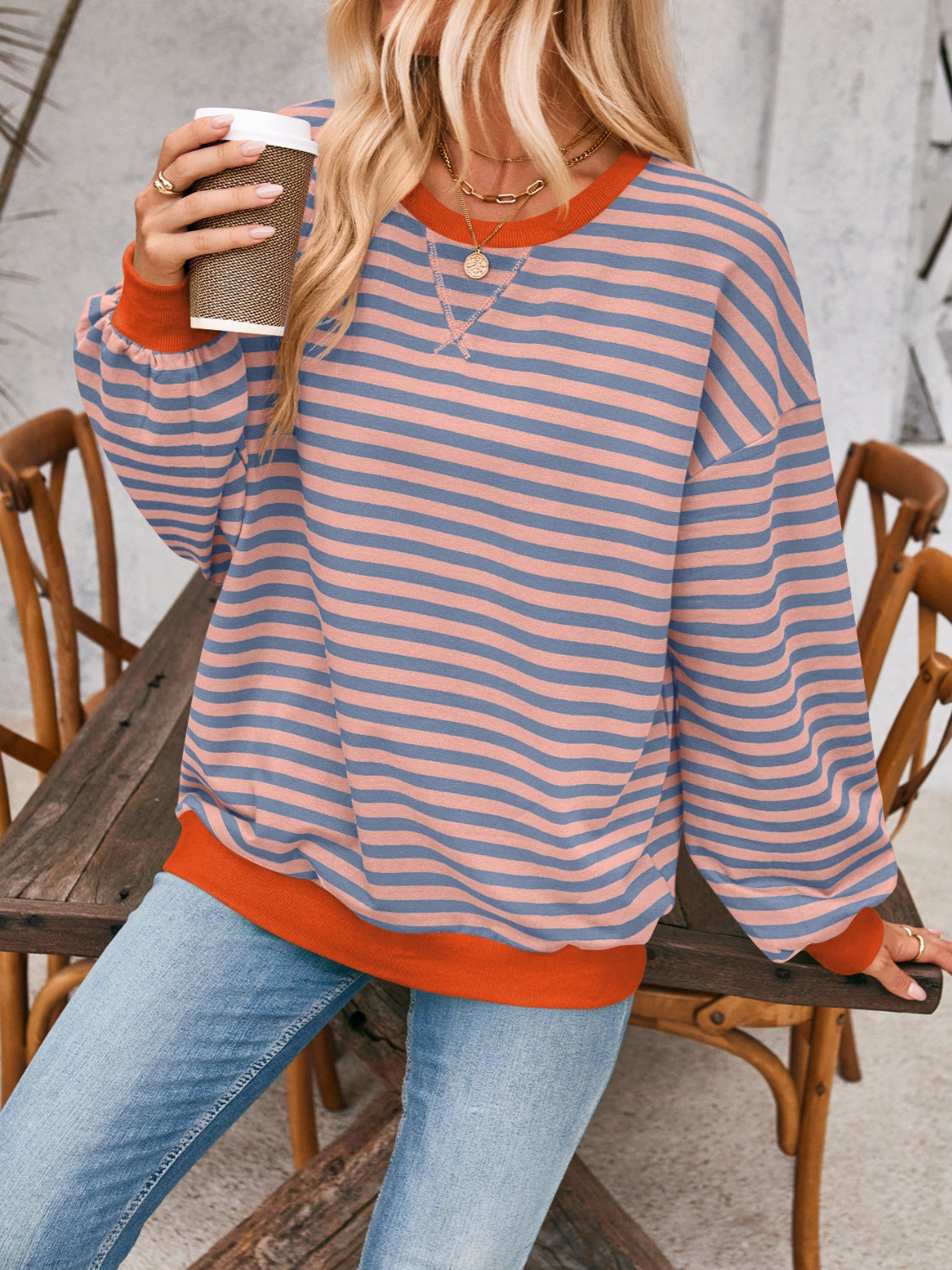 Blue Zone Planet | Lovelet Contrast Striped Long Sleeve Sweatshirt-TOPS / DRESSES-[Adult]-[Female]-Terracotta-S-2022 Online Blue Zone Planet