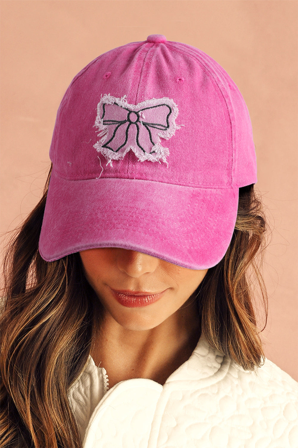 Rose Red Distressed Bow Patched Baseball Cap-Hats-[Adult]-[Female]-Rose Red-ONE SIZE-2022 Online Blue Zone Planet