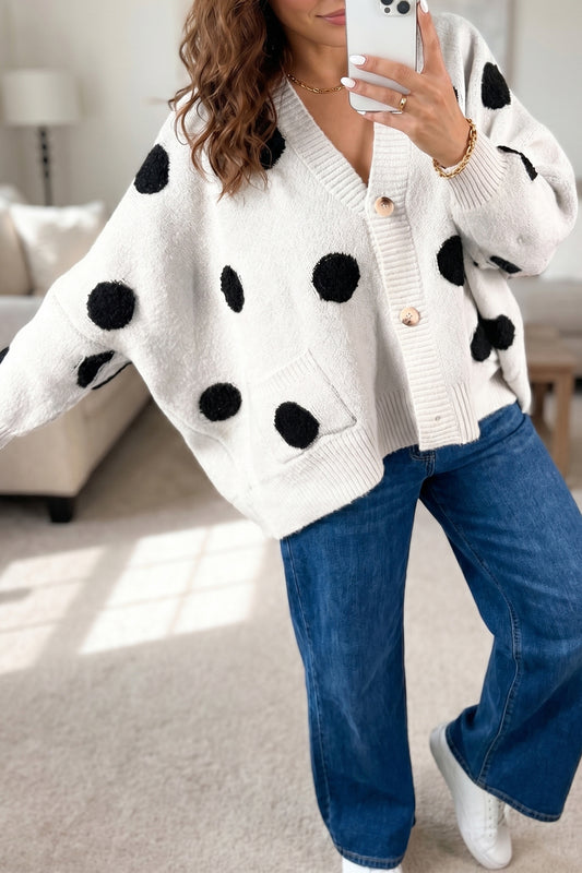 Beige Polka Dot Button Front Oversized V Neck Cardigan-Sweaters & Cardigans/Cardigans-[Adult]-[Female]-Beige-S-2022 Online Blue Zone Planet