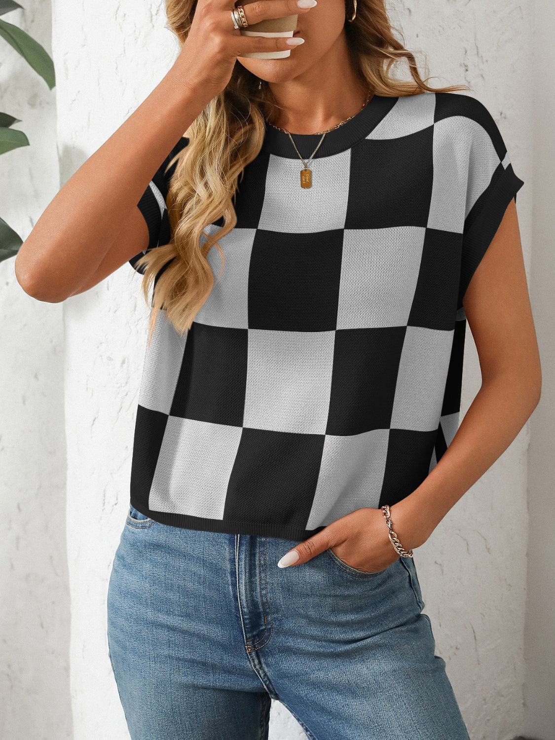 Mandy Checkered Round Neck Cap Sleeve Knit Top-TOPS / DRESSES-[Adult]-[Female]-2022 Online Blue Zone Planet