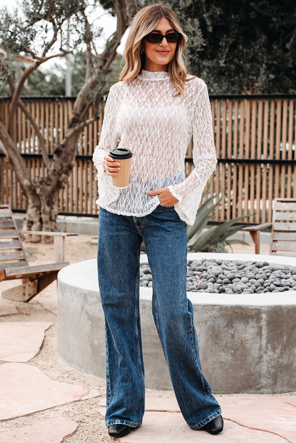 White Sheer Lace Bell Sleeve Mock Neck Blouse-Tops/Blouses & Shirts-[Adult]-[Female]-2022 Online Blue Zone Planet