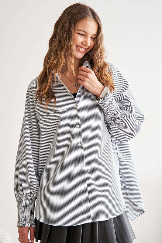 ADORA High-Low Striped Button Down Smocked Lantern Sleeve Shirt-TOPS / DRESSES-[Adult]-[Female]-Gray-S-2022 Online Blue Zone Planet