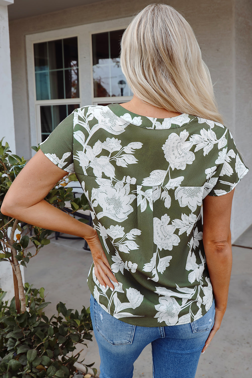 Green Floral Print Split Neck Short Sleeve Blouse-Tops/Blouses & Shirts-[Adult]-[Female]-2022 Online Blue Zone Planet