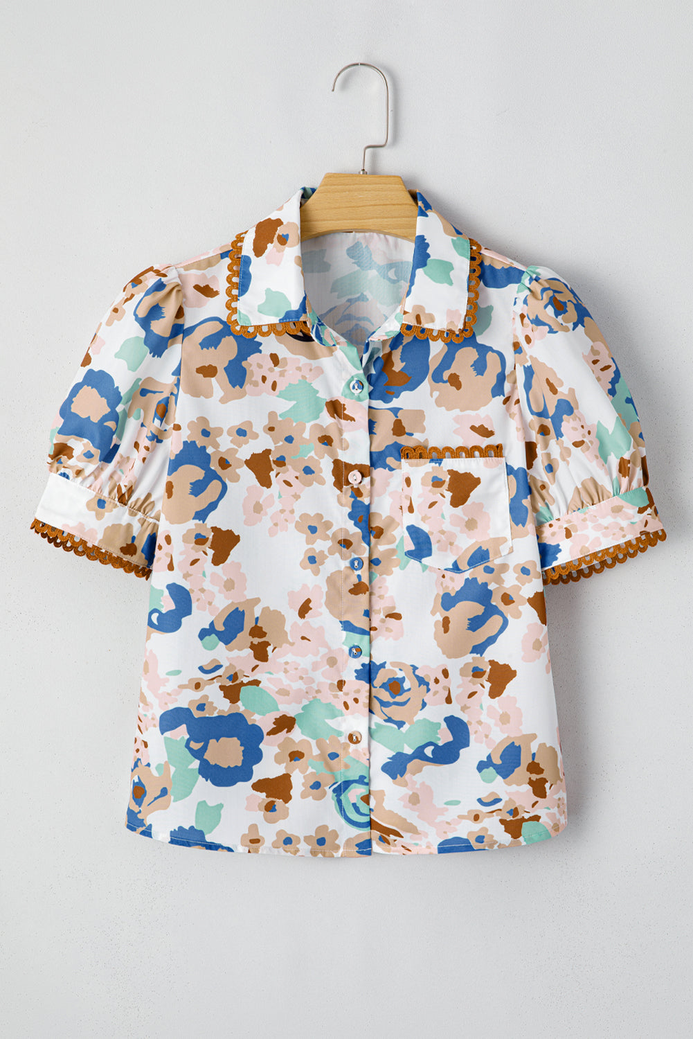 Multicolour Floral Print Ricrac Trim Collared Puff Short Sleeve Shirt-Tops/Blouses & Shirts-[Adult]-[Female]-2022 Online Blue Zone Planet