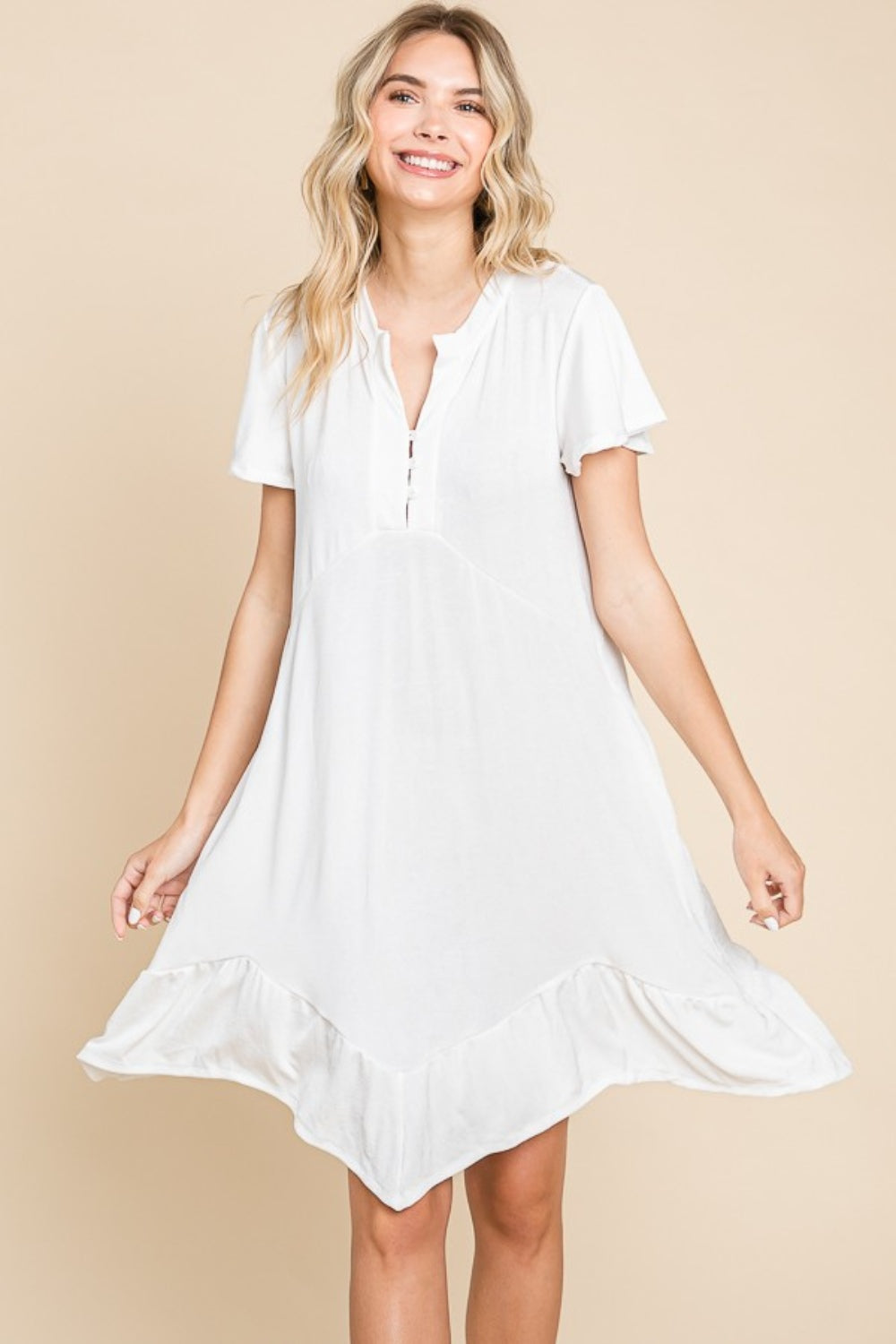 Culture Code Full Size Short Sleeve Ruffled Asymmetric Hem Dress-TOPS / DRESSES-[Adult]-[Female]-2022 Online Blue Zone Planet