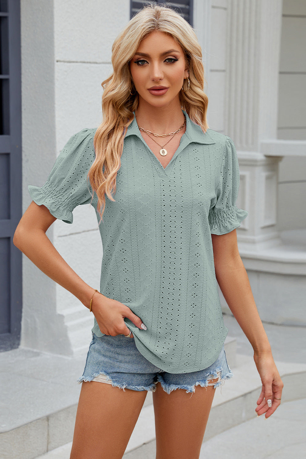 Eyelet Johnny Collar Short Sleeve Blouse-TOPS / DRESSES-[Adult]-[Female]-2022 Online Blue Zone Planet