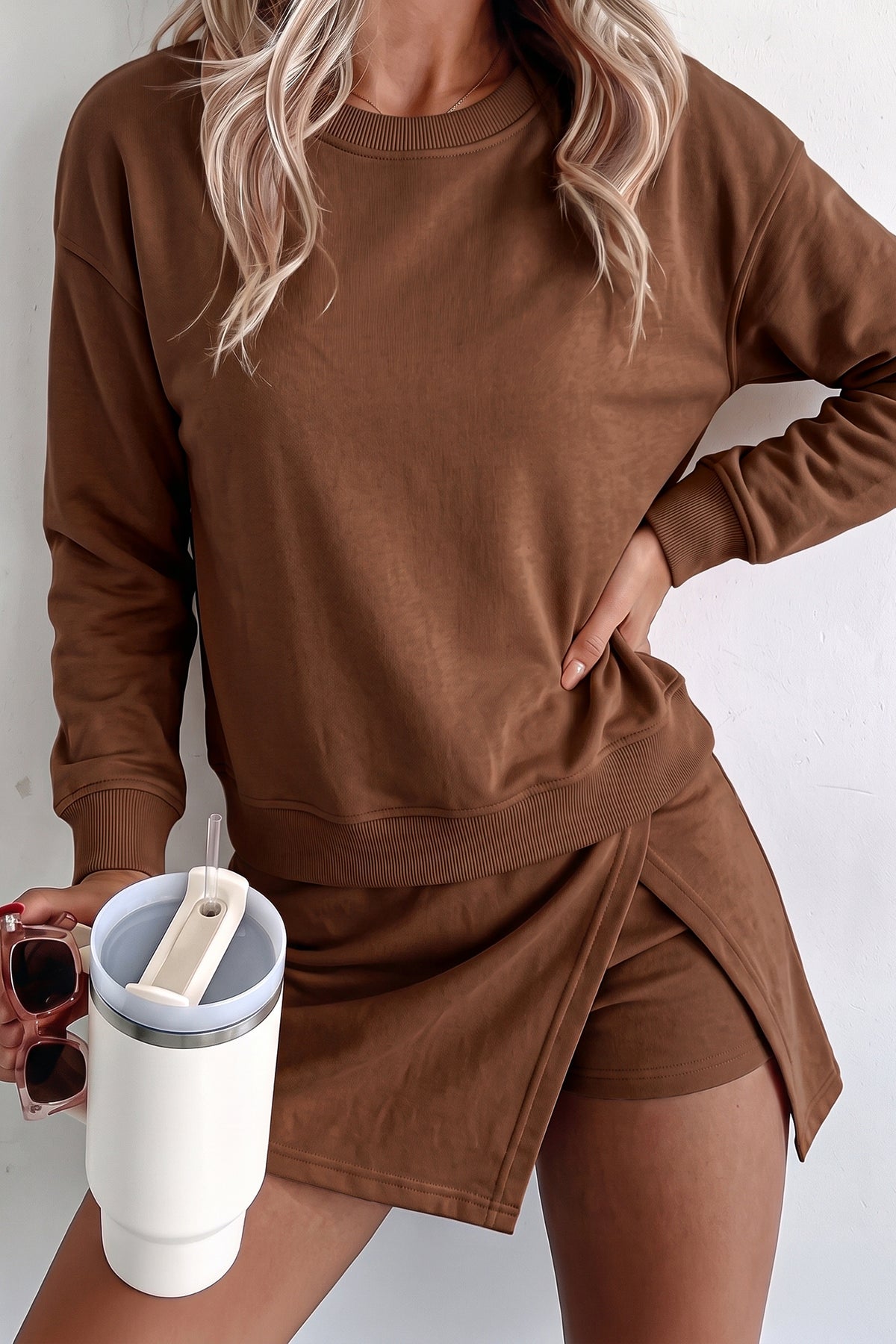 Coffee Solid Color Long Sleeve Top Split Skort 2pcs Outfit-Two Piece Sets/Two Piece Dresses-[Adult]-[Female]-Coffee-S-2022 Online Blue Zone Planet
