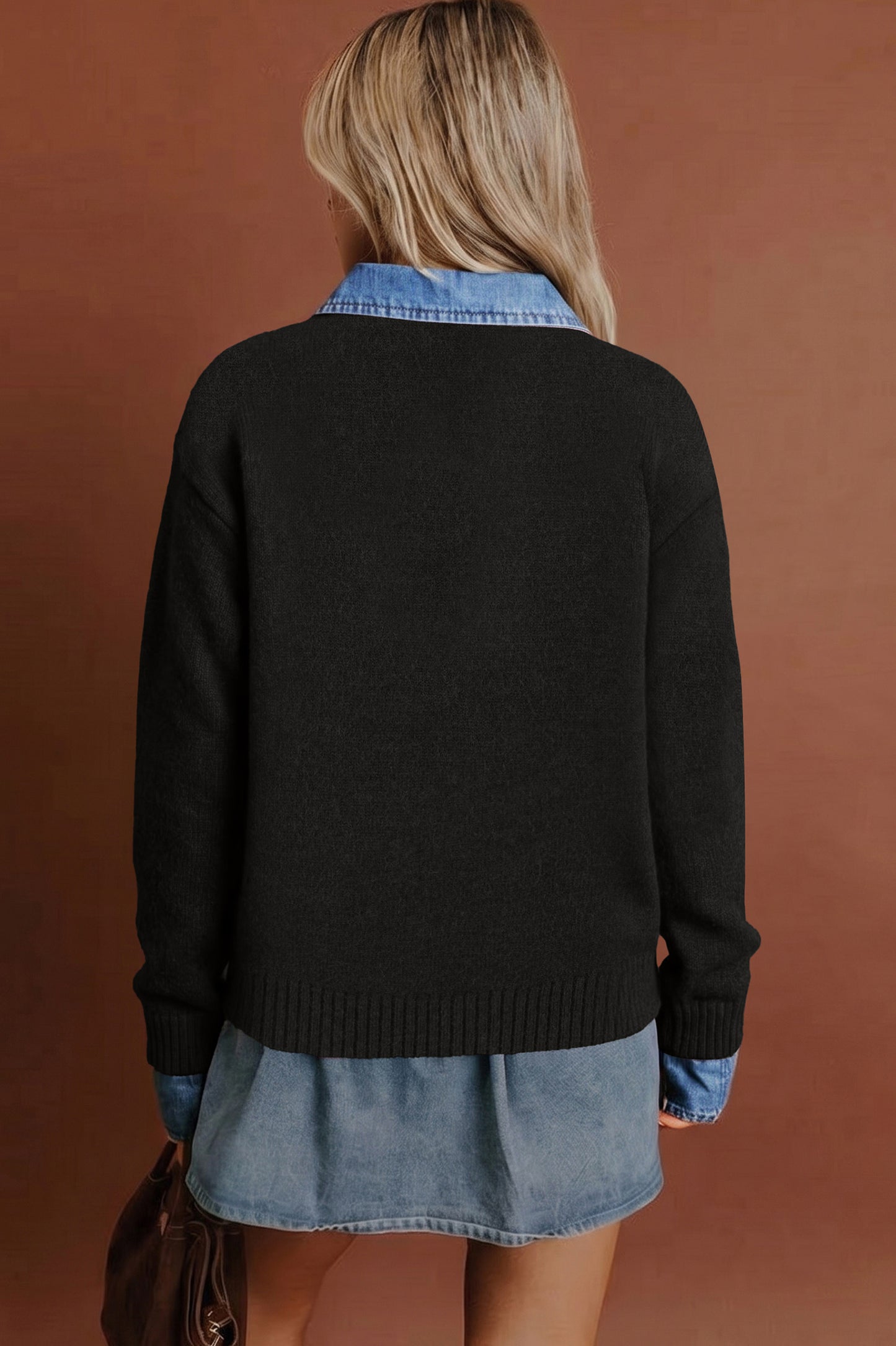 Black Denim Patchwork Collar Cuffed Casual Sweater