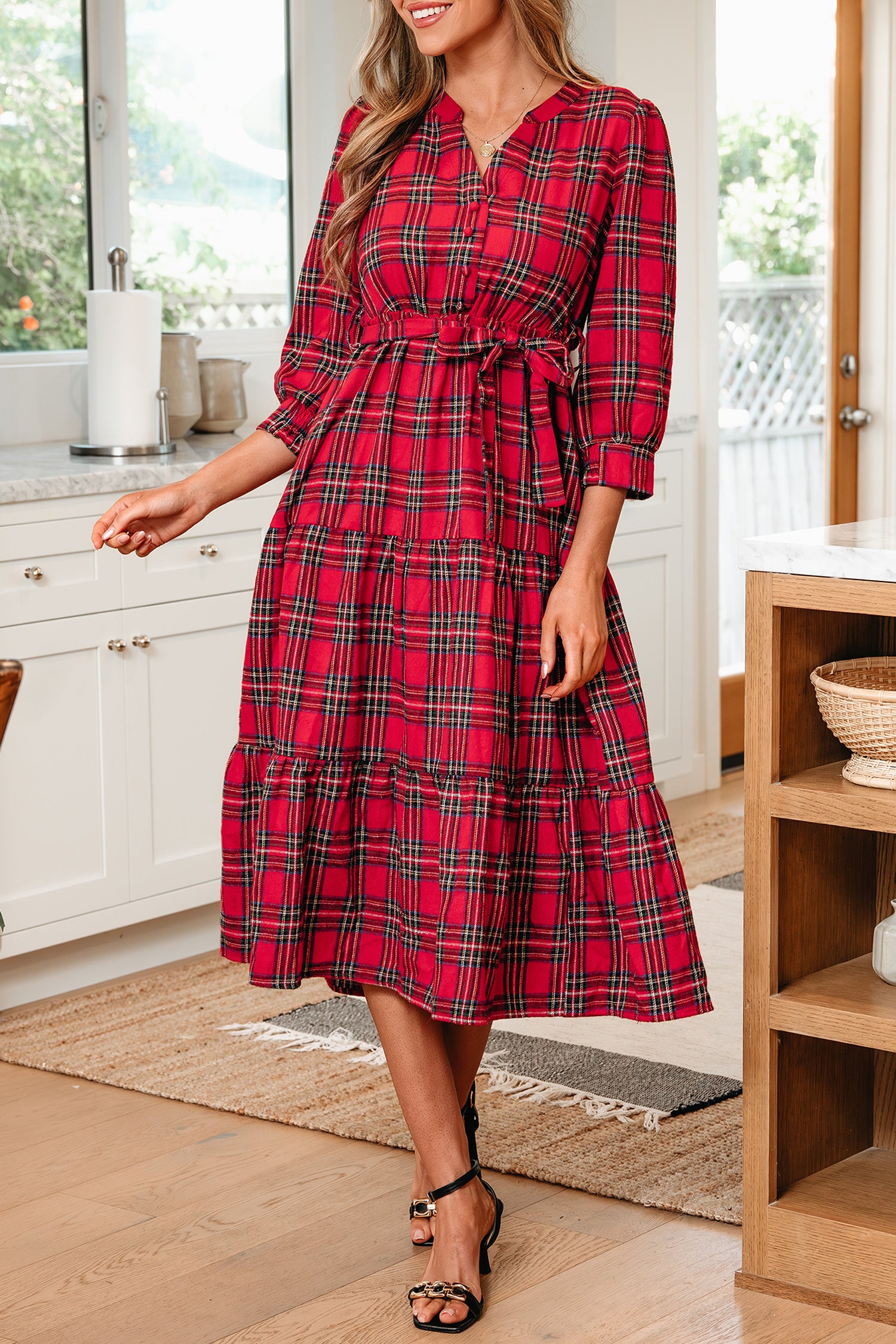 Red Christmas Plaid V Neck 3/4 Sleeve Tie Waist Ruffle Hem Long Dress-TOPS / DRESSES-[Adult]-[Female]-2022 Online Blue Zone Planet