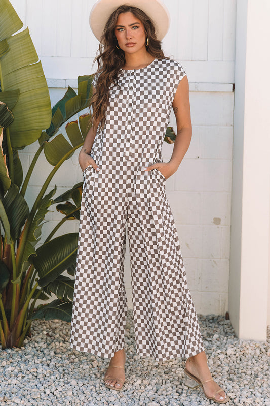 Khaki Checkered Print Buttoned Crew Neck Wide Leg Jumpsuit-Bottoms/Jumpsuits & Rompers-[Adult]-[Female]-Khaki-S-2022 Online Blue Zone Planet