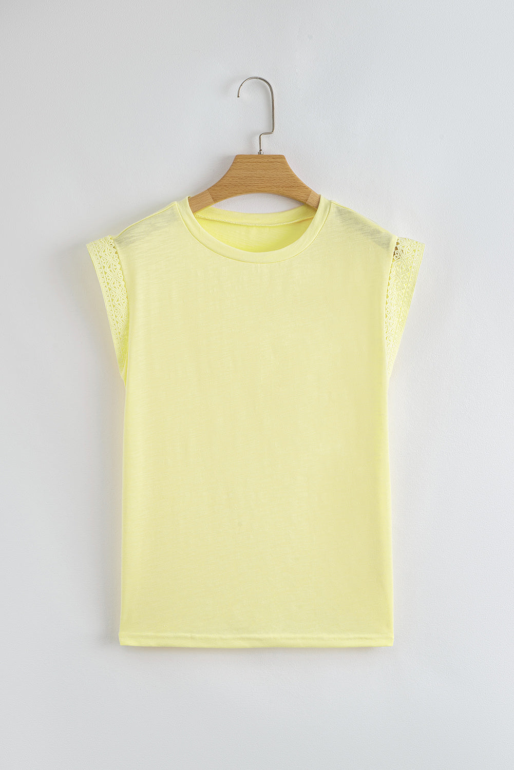 Yellow Cream Lace Patchwork Cap Sleeve Round Neck T Shirt-Tops/Tops & Tees-[Adult]-[Female]-2022 Online Blue Zone Planet