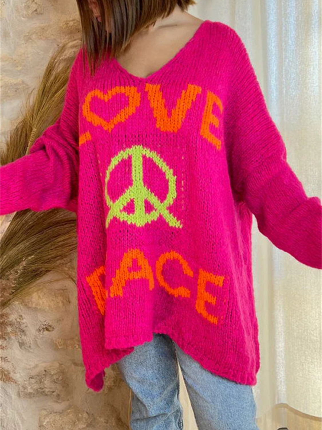 Peace Graphic V-Neck Long Sleeve Sweater-TOPS / DRESSES-[Adult]-[Female]-Deep Rose-S-2022 Online Blue Zone Planet