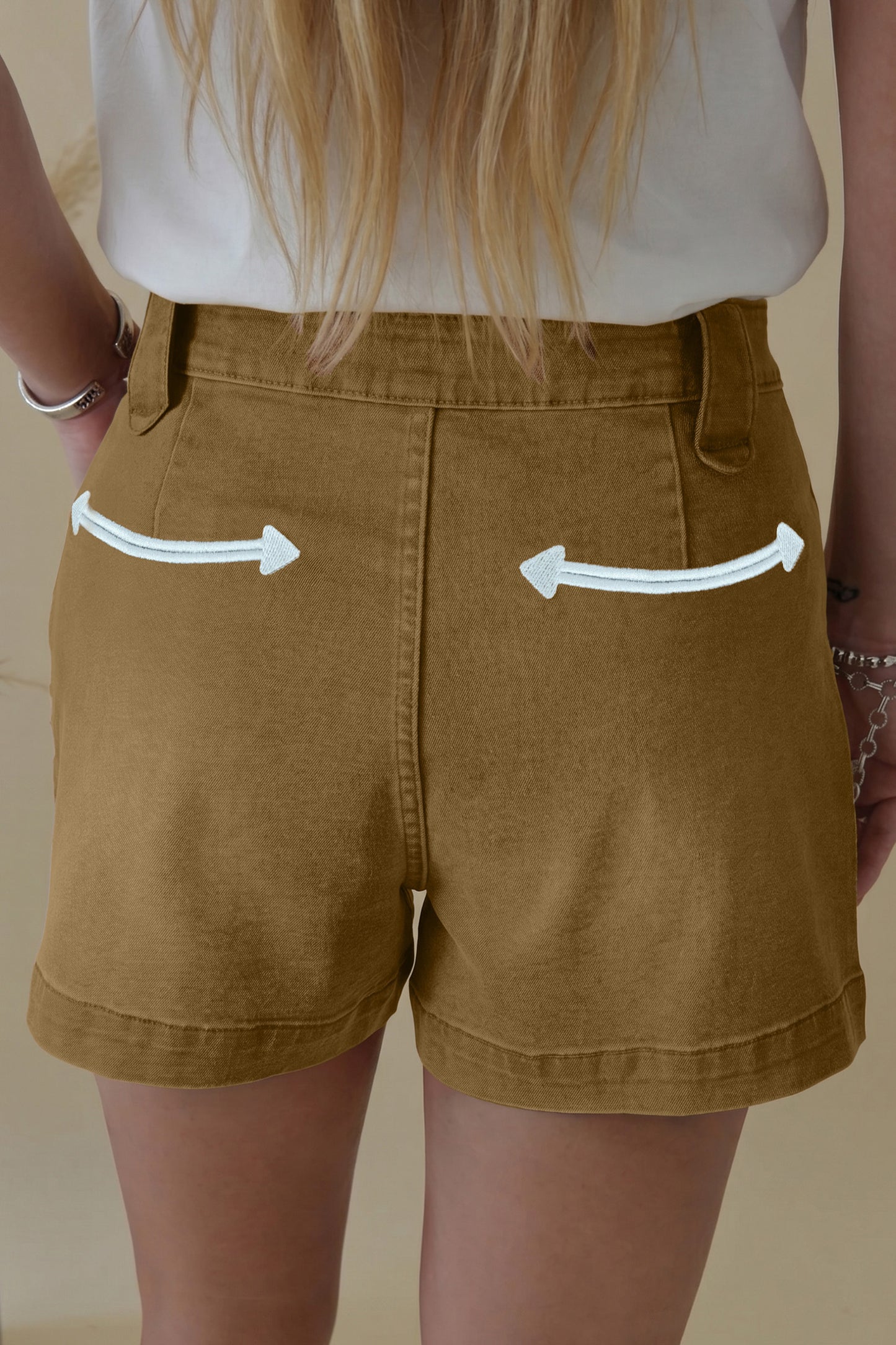 Pale Khaki Contrast Arrow Detail Western Denim Shorts