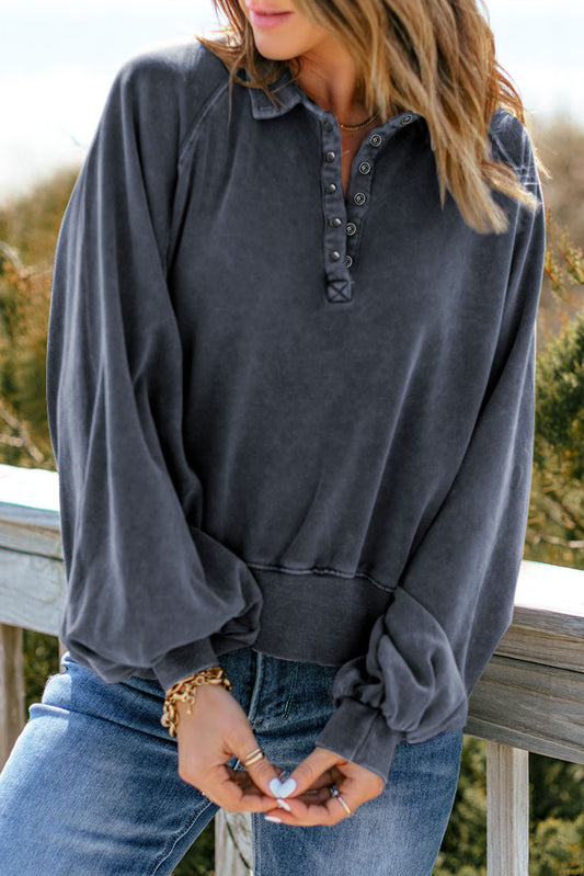 Blue Washed Snap Buttons Lantern Sleeve Pullover Sweatshirt-Tops/Sweatshirts & Hoodies-[Adult]-[Female]-Blue-S-2022 Online Blue Zone Planet