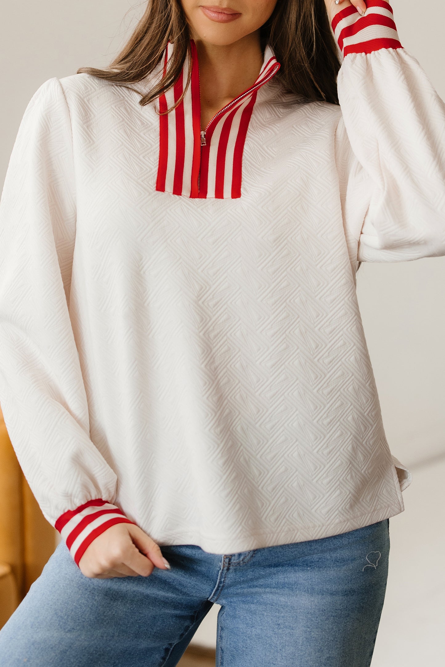 White Textured Knit Contrast Striped Accent Zipped Collar Pullover Top-Tops/Long Sleeve Tops-[Adult]-[Female]-2022 Online Blue Zone Planet