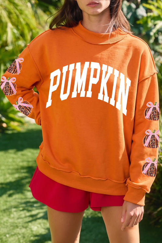 Carrot Sequined Pumpkin Applique Pumpkin Graphic Customized Sweatshirt-Graphic/Graphic Sweatshirts-[Adult]-[Female]-Carrot-S-2022 Online Blue Zone Planet