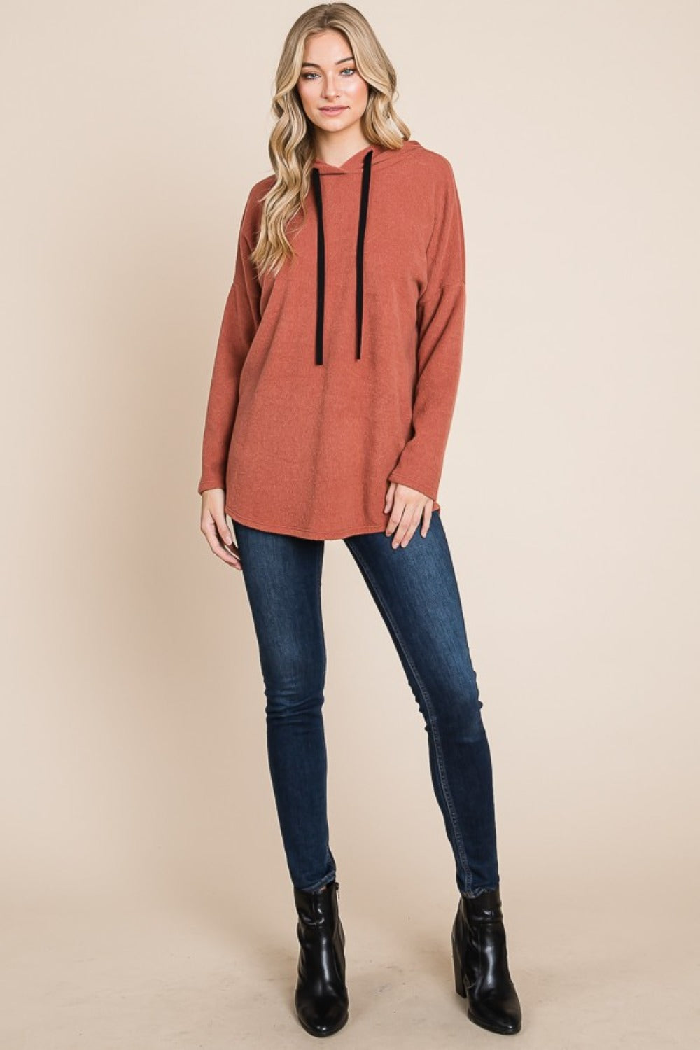 BOMBOM Contrast Drawstring Drop Shoulder Knit Hoodie-TOPS / DRESSES-[Adult]-[Female]-2022 Online Blue Zone Planet