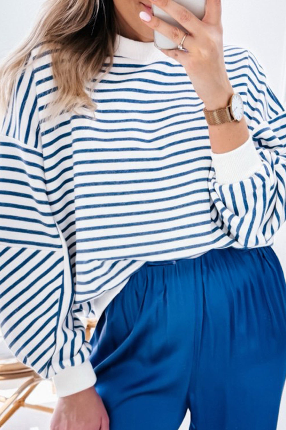 Blue Stripe Drop Shoulder Crew Neck Loose Sweatshirt-Tops/Sweatshirts & Hoodies-[Adult]-[Female]-Blue Stripe-S-2022 Online Blue Zone Planet