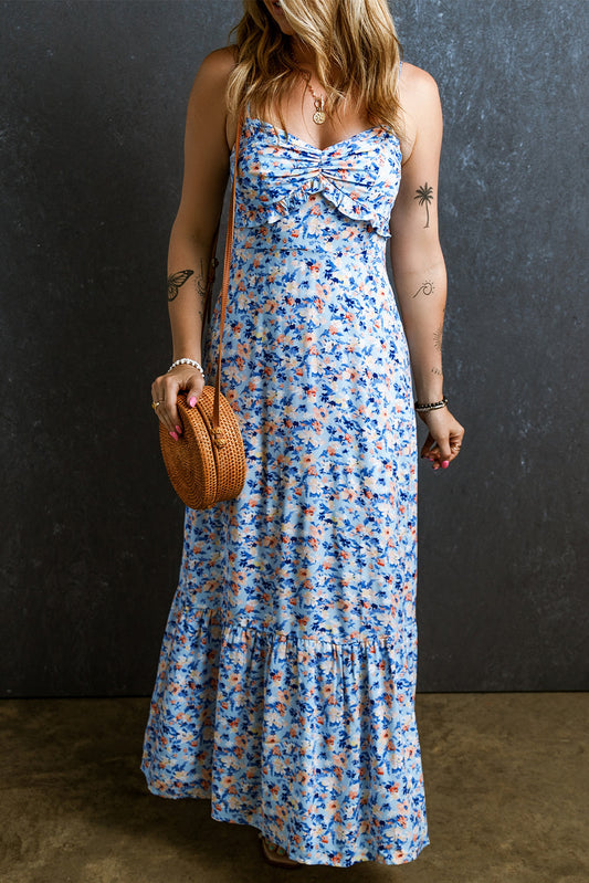 Blue Zone Planet | Sky Blue Floral Print Ruffled Ruched Maxi Dress-TOPS / DRESSES-[Adult]-[Female]-Sky Blue-S-2022 Online Blue Zone Planet