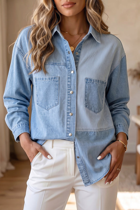 Beau Blue Lightweight Denim Striped Patchwork Button Down Shacket-Tops/Blouses & Shirts-[Adult]-[Female]-Beau Blue-S-2022 Online Blue Zone Planet