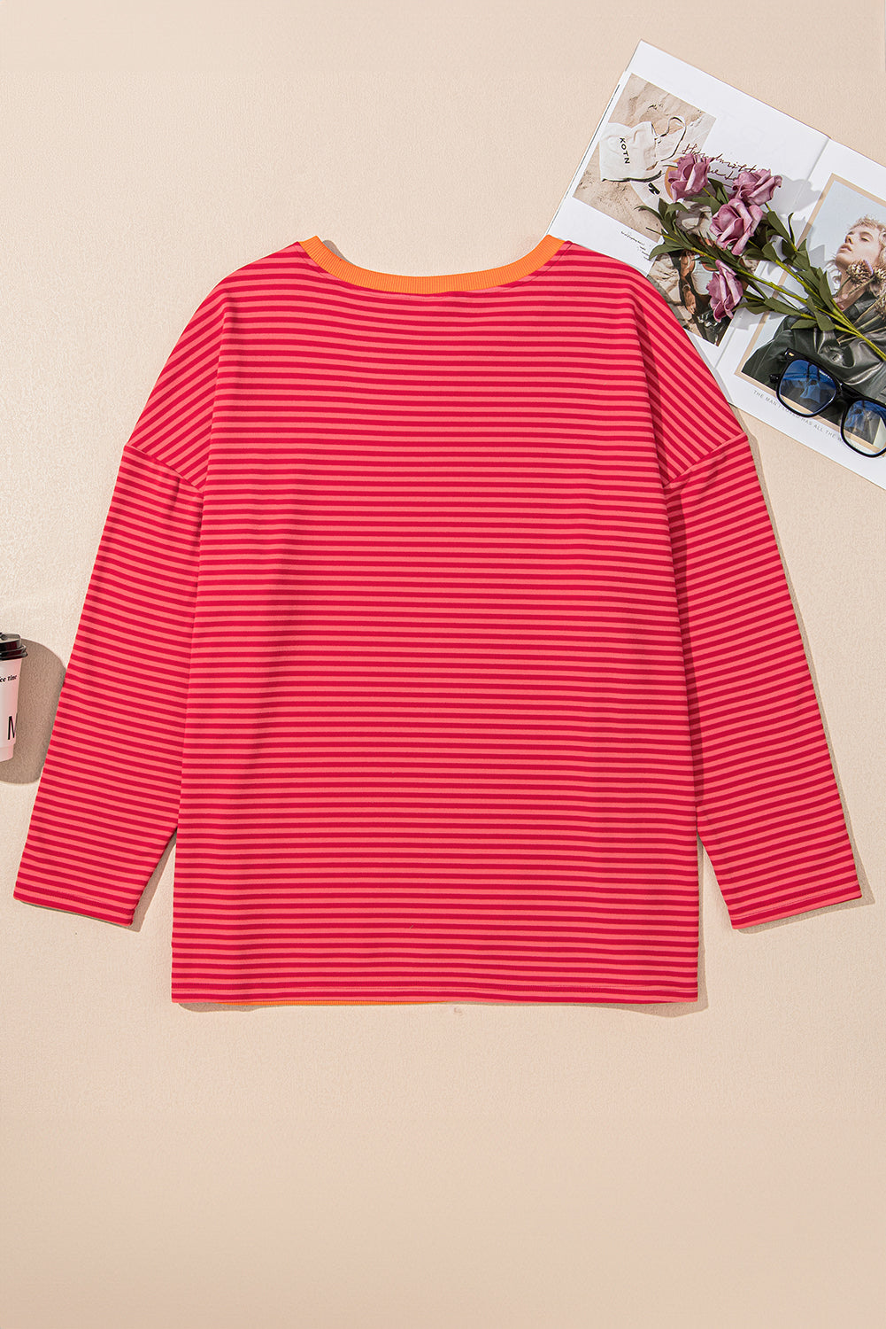 Orange Stripe Plus Size Drop Shoulder Long Sleeve Top-Plus Size Tops-[Adult]-[Female]-2022 Online Blue Zone Planet