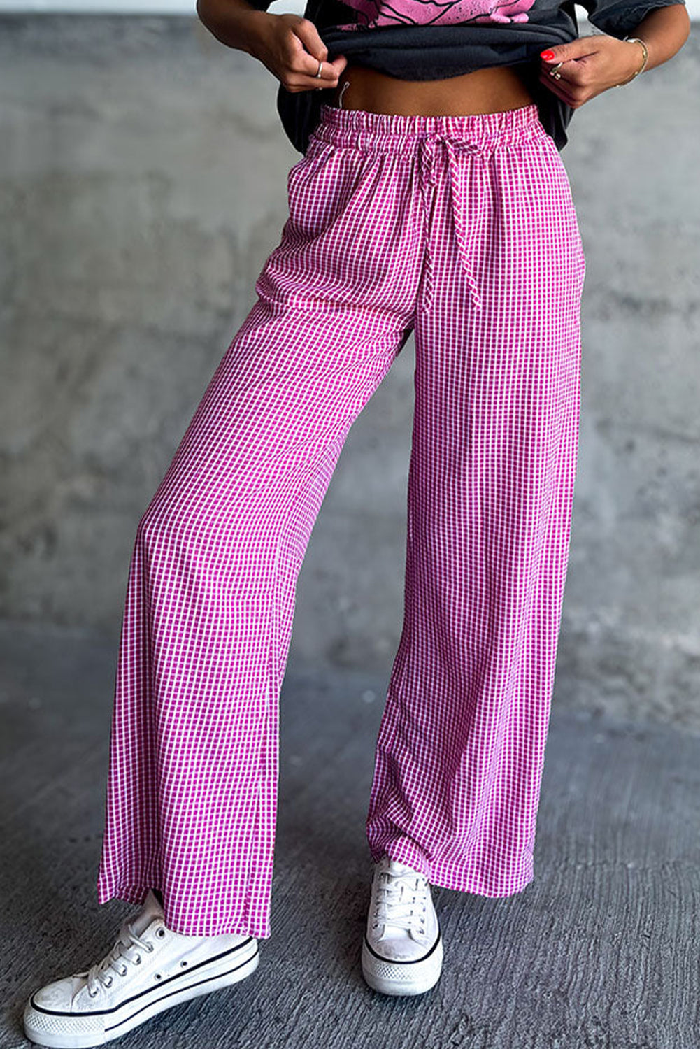 Blue Zone Planet | Pink Plaid Print Drawstring High Waist Wide Leg Casual Pants-Bottoms/Pants & Culotte-[Adult]-[Female]-Pink-S-2022 Online Blue Zone Planet