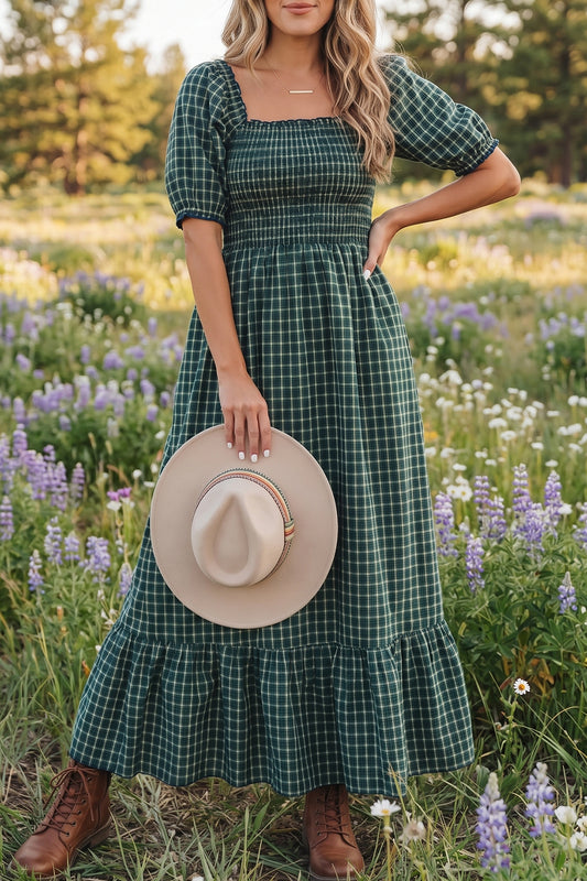Green Plaid Square Neck Shirred High Waist Ruffle Hem Dress-Dresses/Maxi Dresses-[Adult]-[Female]-Green-S-2022 Online Blue Zone Planet