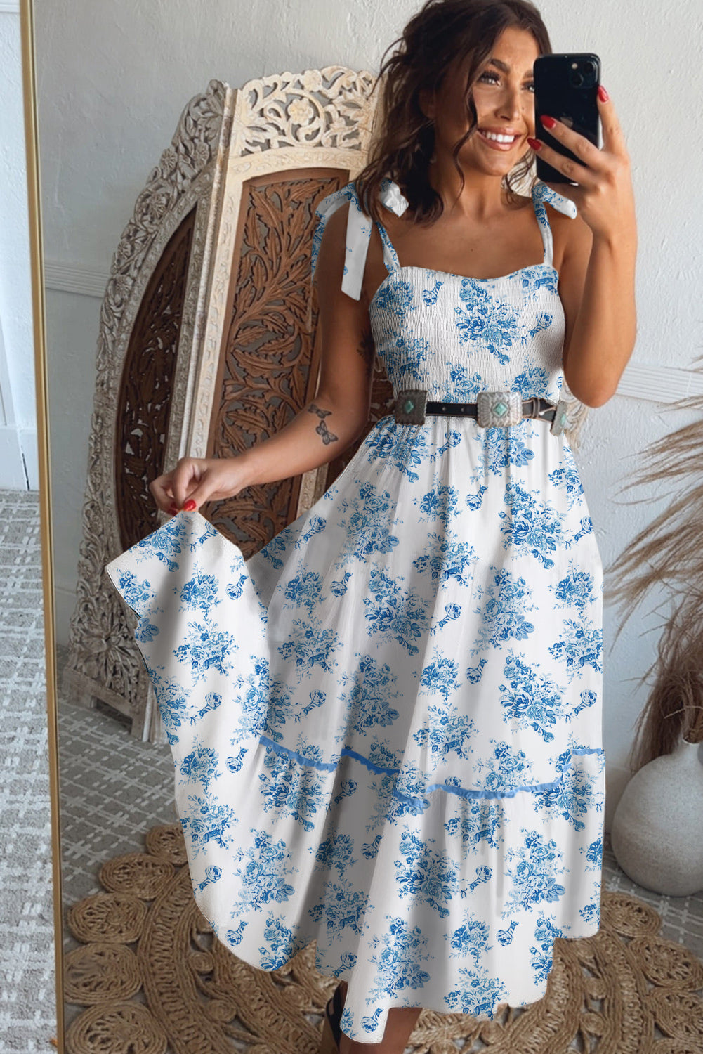 Sky Blue Floral Print Shirred Knot Shoulder Sleeveless Long Dress-Dresses/Floral Dresses-[Adult]-[Female]-2022 Online Blue Zone Planet